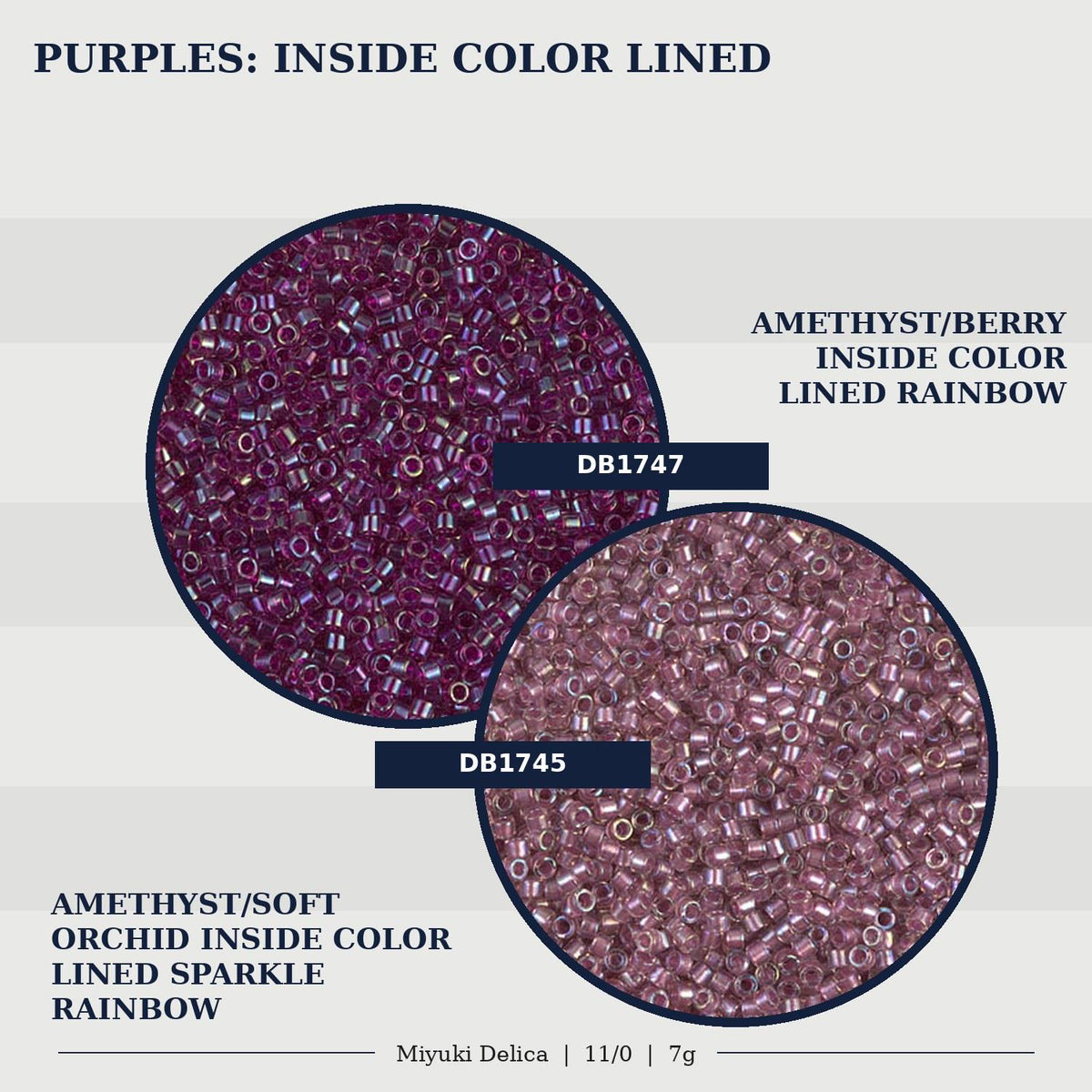 two different types of beads, one with a purple color and the other with a soft orchid color, both with a lined sparkle rainbow pattern.