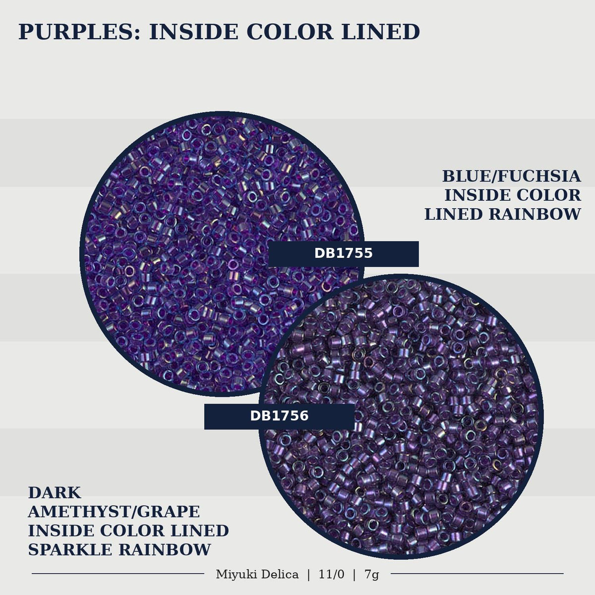 two different types of beads, one with a dark purple color and the other with a lighter purple color, both of which are inside color-lined rainbow beads.