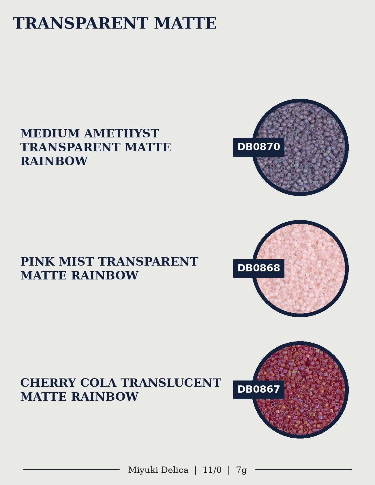 three different transparent matte colors: Medium Amethyst, Pink Mist, and Cherry Cola. Each color is represented by a small circular image, and the text provides information about the color and its name.