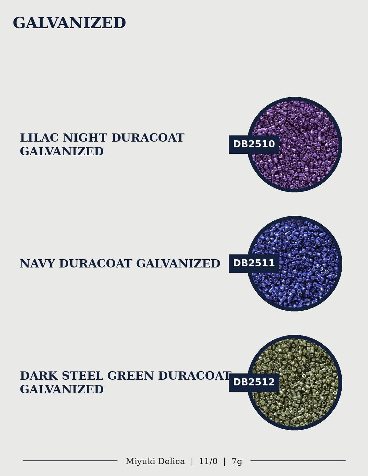three different types of Galvanized materials: Lilac Night Duracoat, Navy Duracoat Galvanized, and Dark Steel Green Duracoat. Each material is described in detail, including the color and size of the Galvanized material.
