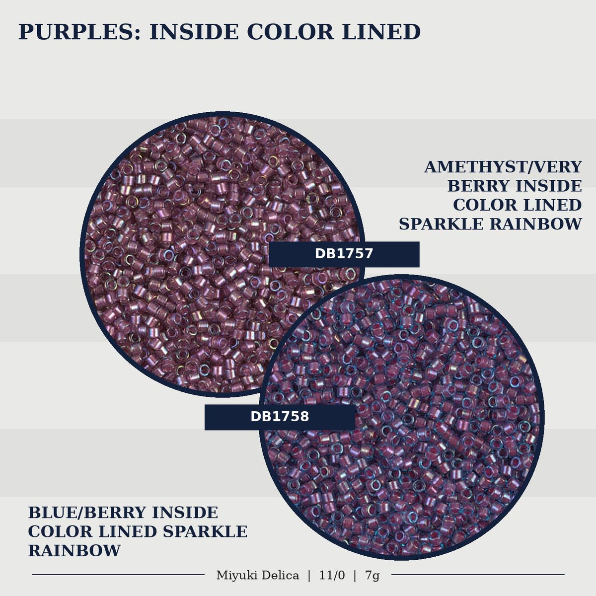 two different types of beads, one with a blue/berry inside color-lined sparkle rainbow and the other with a purple inside color-lined sparkle rainbow.