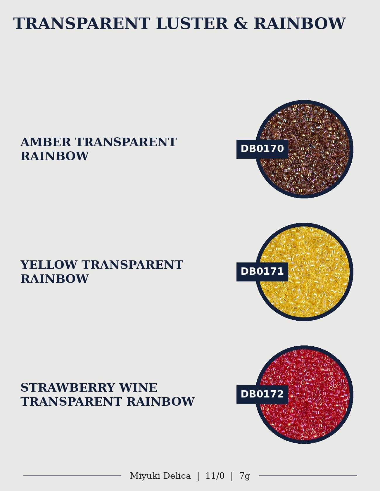 three circular images, each representing a different transparent luster and rainbow color: amber transparent rainbow, yellow transparent rainbow, and strawberry wine transparent rainbow.