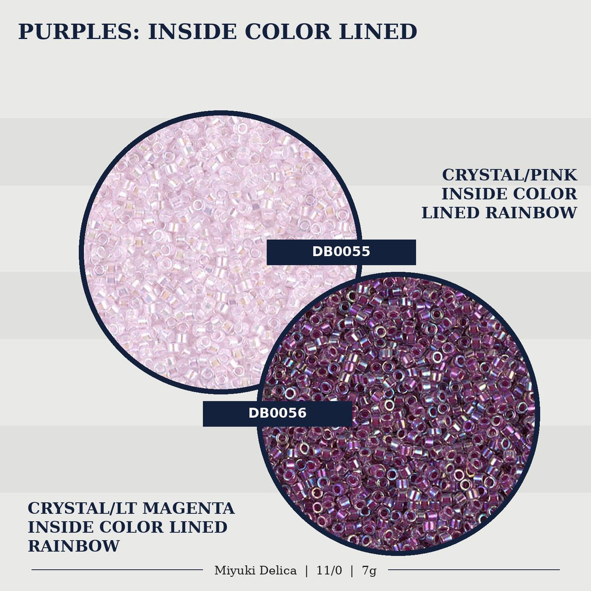 two different colored beads, one purple and one pink, both inside a rainbow-colored lining. The purple beads are labeled as "Crystal/PINK INSIDE COLOR LINED RAINBOW" and the pink beads are labeled as "Crystal/PINK INSIDE COLOR LINED RAINBOW".