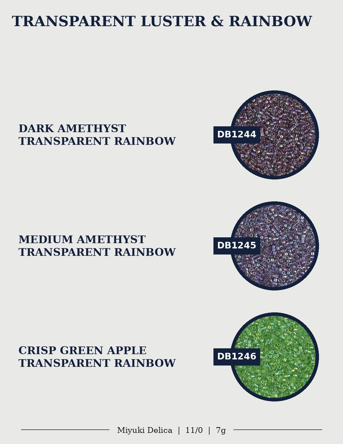 three different colored transparent rainbows: dark amethyst, medium amethyst, and crisp green apple.