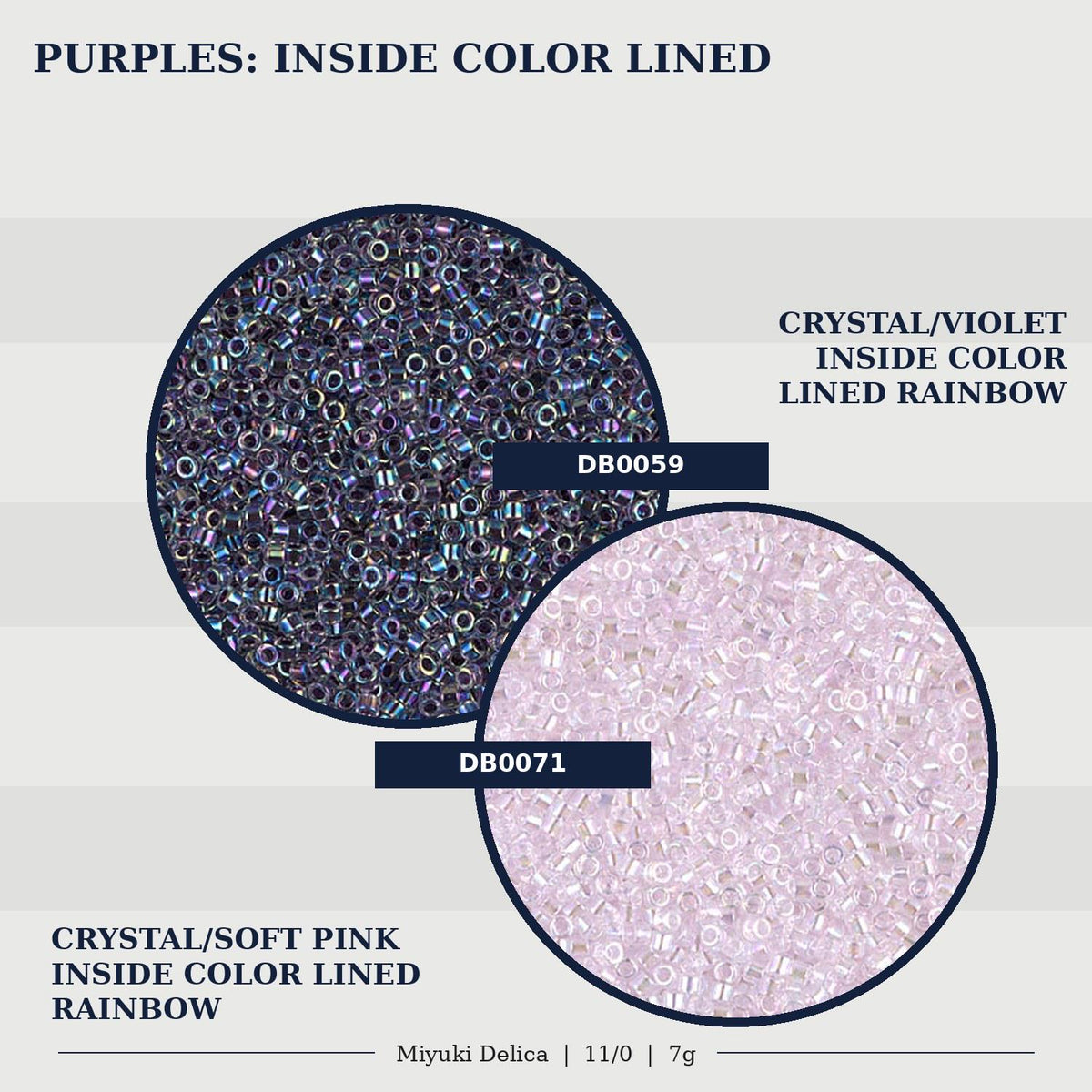 The image is a collage of two images, each depicting a different colored bead. The first image shows a purple crystal/soft pink inside color lined rainbow, and the second image shows a pink crystal/soft pink inside color lined rainbow.