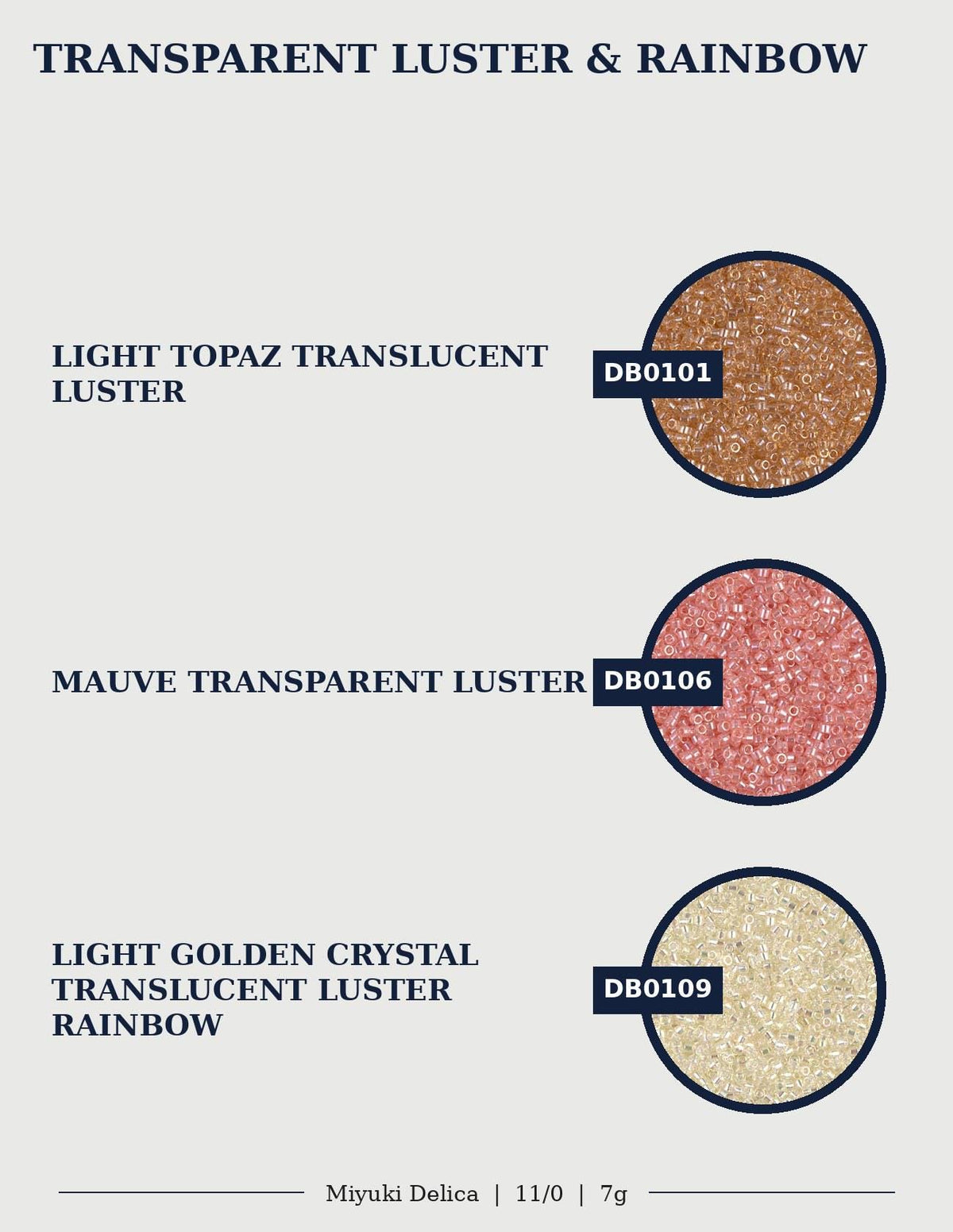 The image is a collection of three circular images, each containing a different color of translucent luster. The first image is light brown, the second is pink, and the third is gold. The text above the images reads "TRANSPARENT LUSTER & RAINBOW" and below the images, there are descriptions of the colors: "LIGHT TOPAZ TRANSLUCENT LUSTER", "MAUVE TRANSLUCENT LUSTER", and "LIGHT GOLDEN CRYSTAL TRANSLUCENT LUSTER".