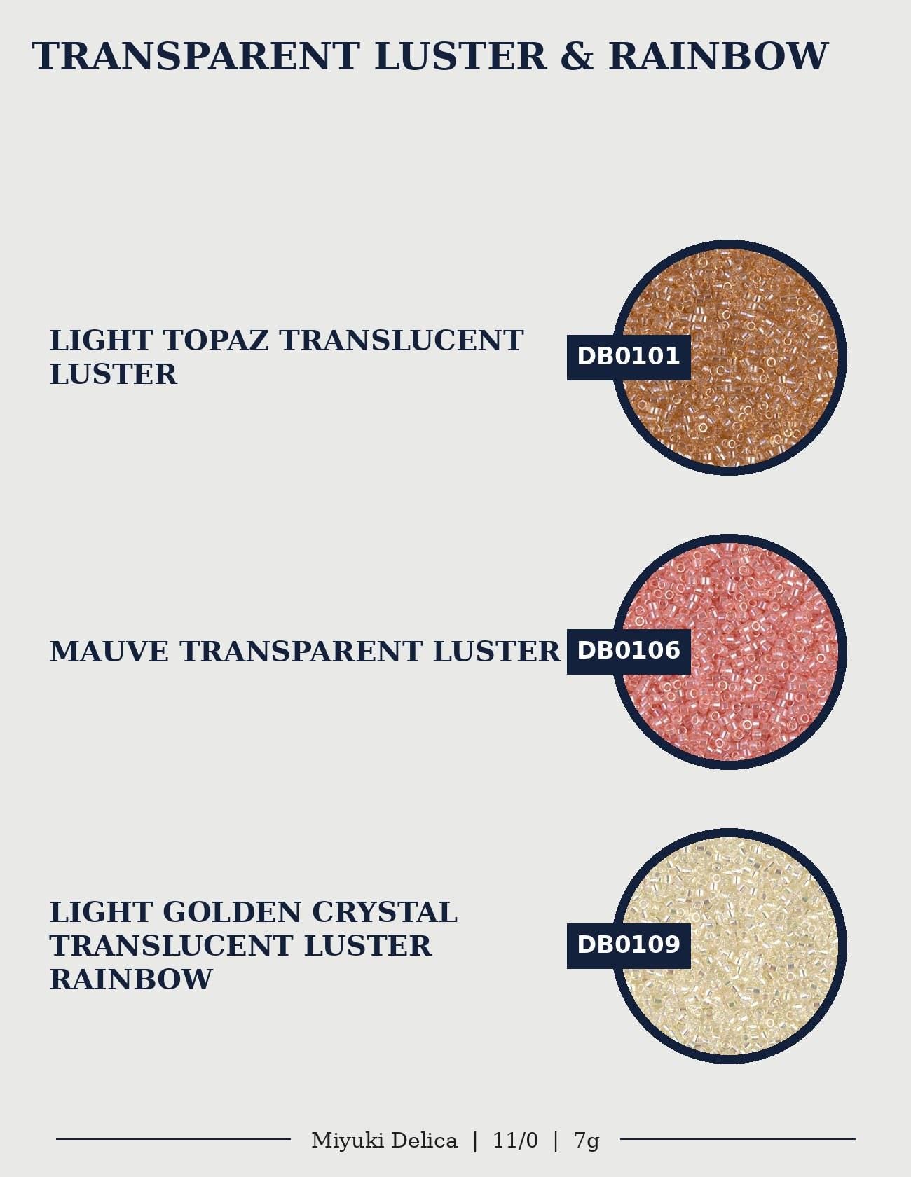 The image is a collection of three circular images, each containing a different color of translucent luster. The first image is light brown, the second is pink, and the third is gold. The text above the images reads "TRANSPARENT LUSTER & RAINBOW" and below the images, there are descriptions of the colors: "LIGHT TOPAZ TRANSLUCENT LUSTER", "MAUVE TRANSLUCENT LUSTER", and "LIGHT GOLDEN CRYSTAL TRANSLUCENT LUSTER".