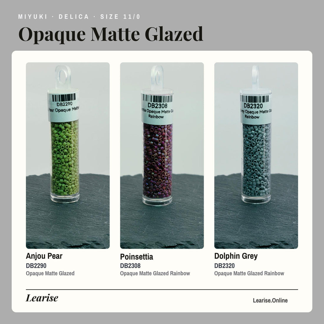 The image is an advertisement for Miyuki Delica Opaque Matte Glazed beads. It features a close-up of the red beads in a glass tube, as well as a variety of colors available in 38 tubes. The text highlights the availability of the product in 38 colors and the size of the 11/0/1.7g tubes.