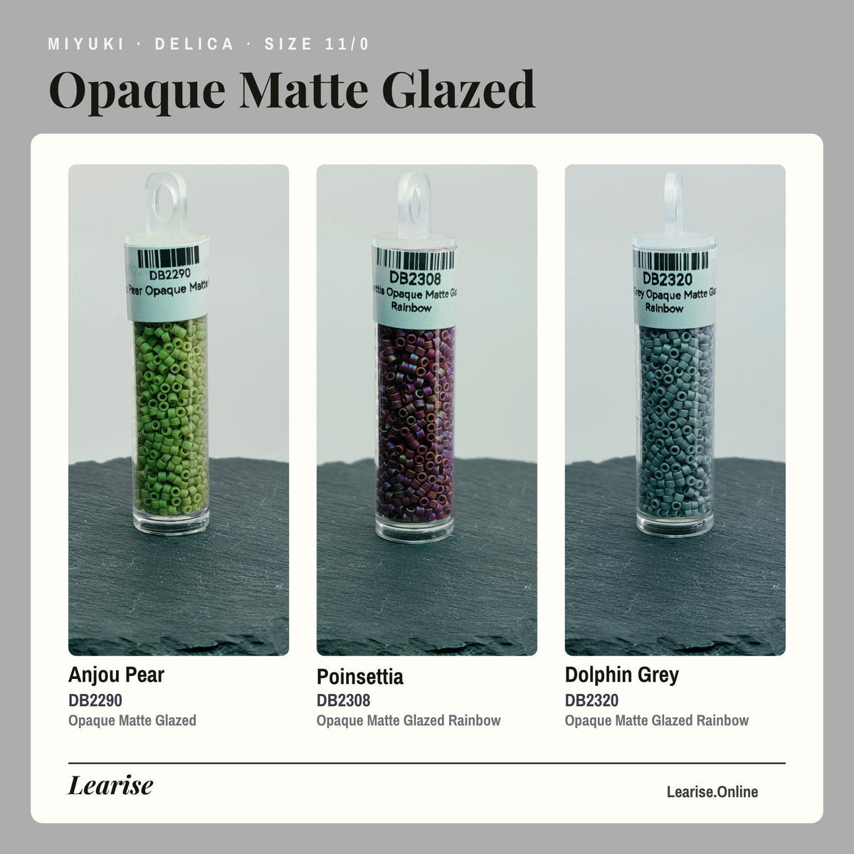 three glass containers filled with different colored beads, including Opaque Matte Glazed beads in green, purple, and blue.