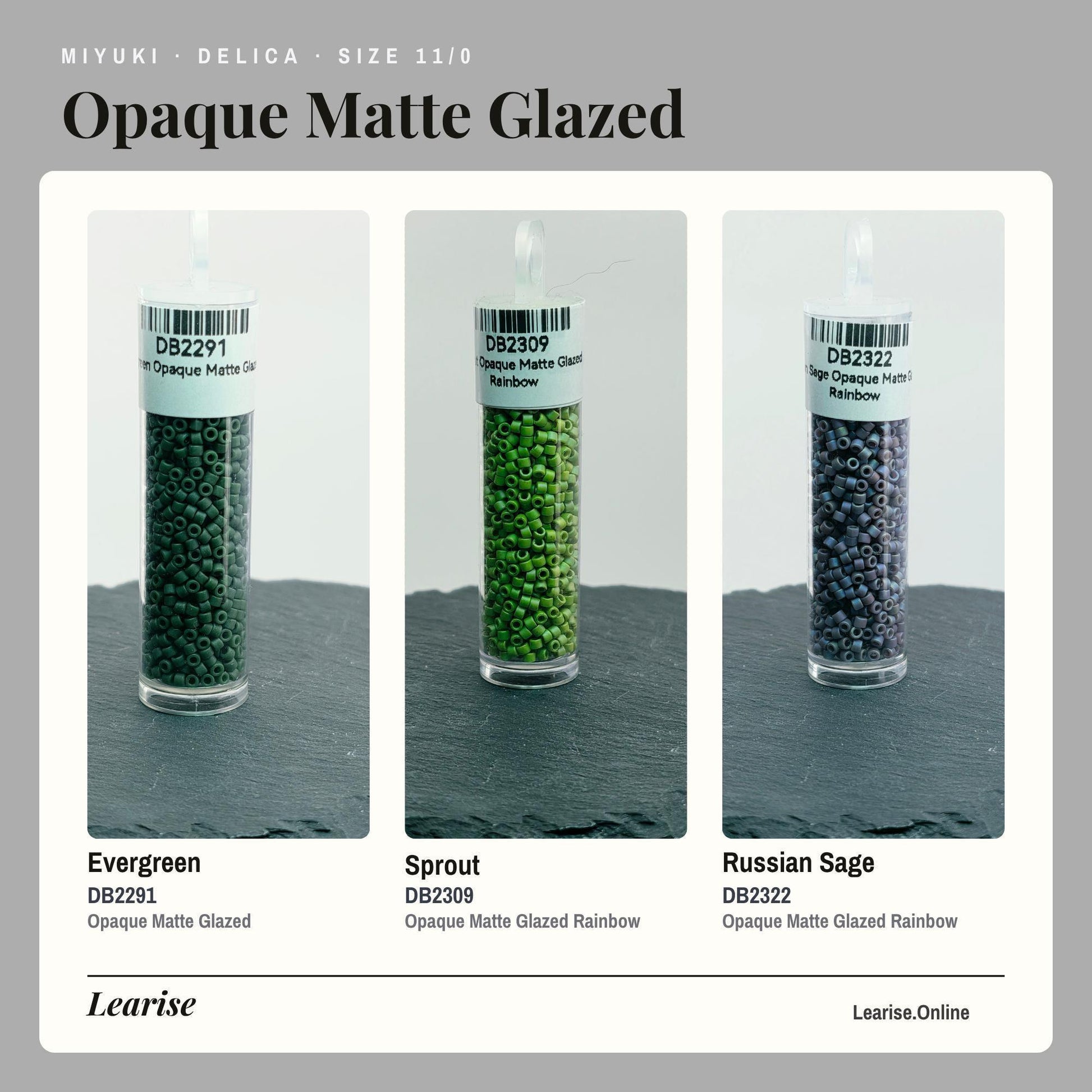 three different colored glass beads, each with a label indicating the color and size.