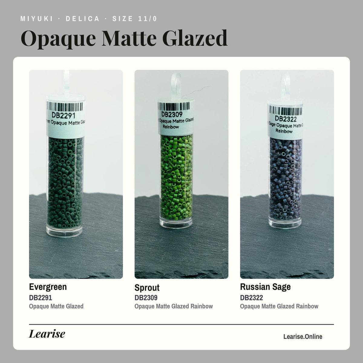 three different colored glass beads, each with a label indicating the color and size.
