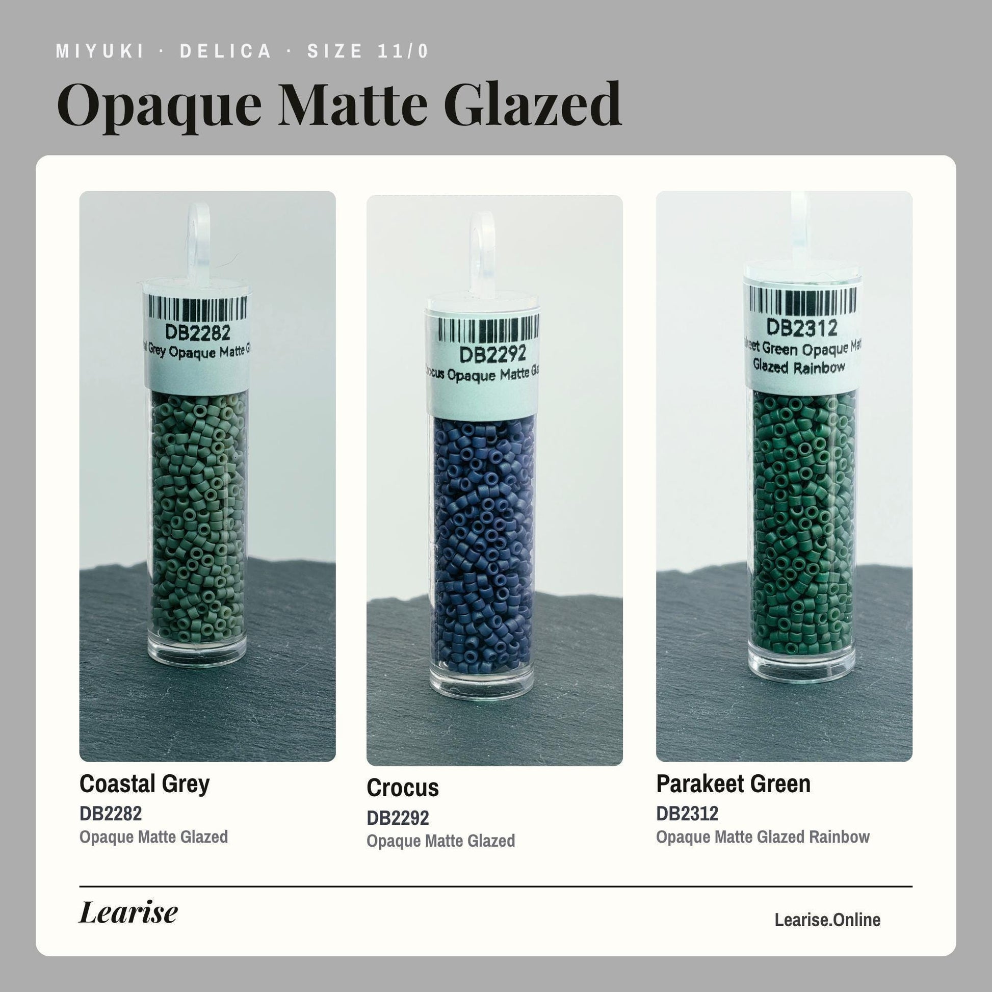 three different colored glass beads, each with a label indicating the color and size.