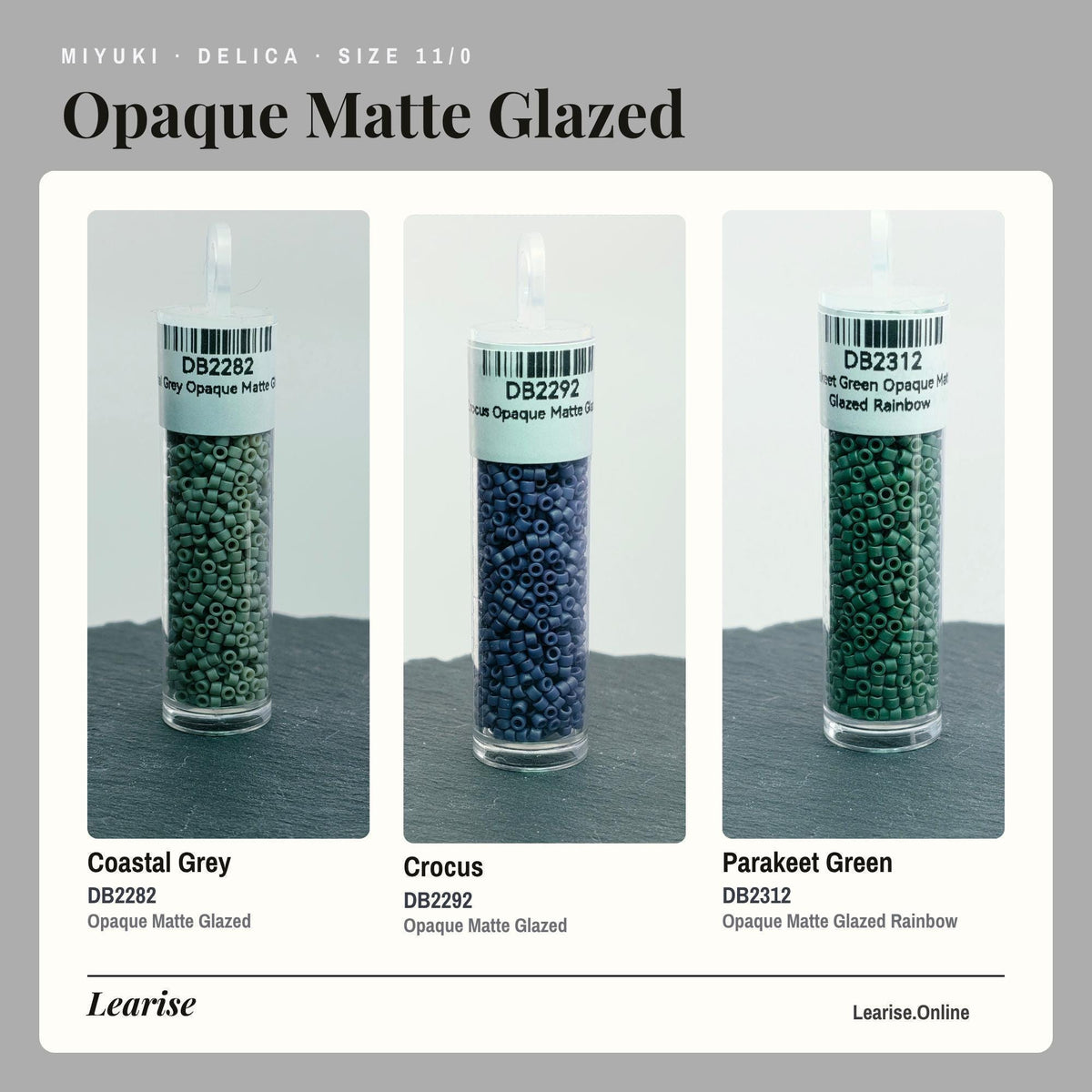 three different colored glass beads, each with a label indicating the color and size.