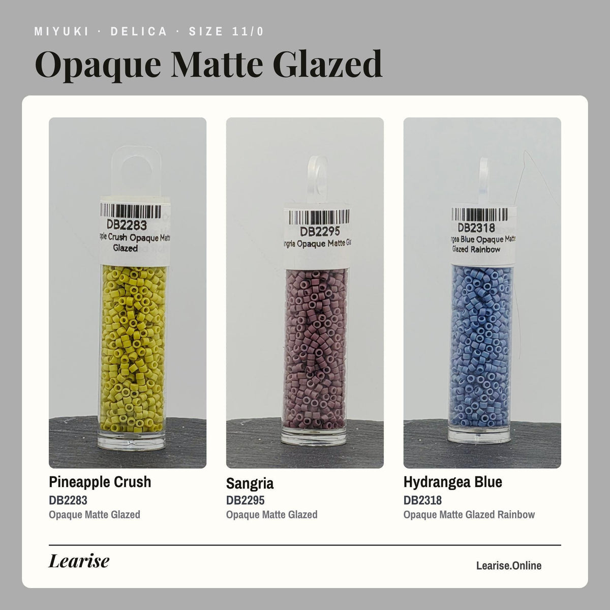 The image is a collage of three images showing different colored glass beads, each labeled with a different color and size.