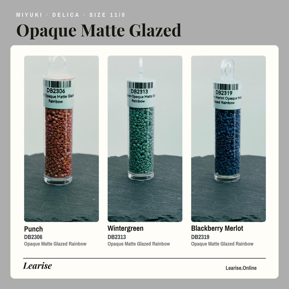 three different sizes of Opaque Matte Glazed Rainbow beads, each with a unique color and size.