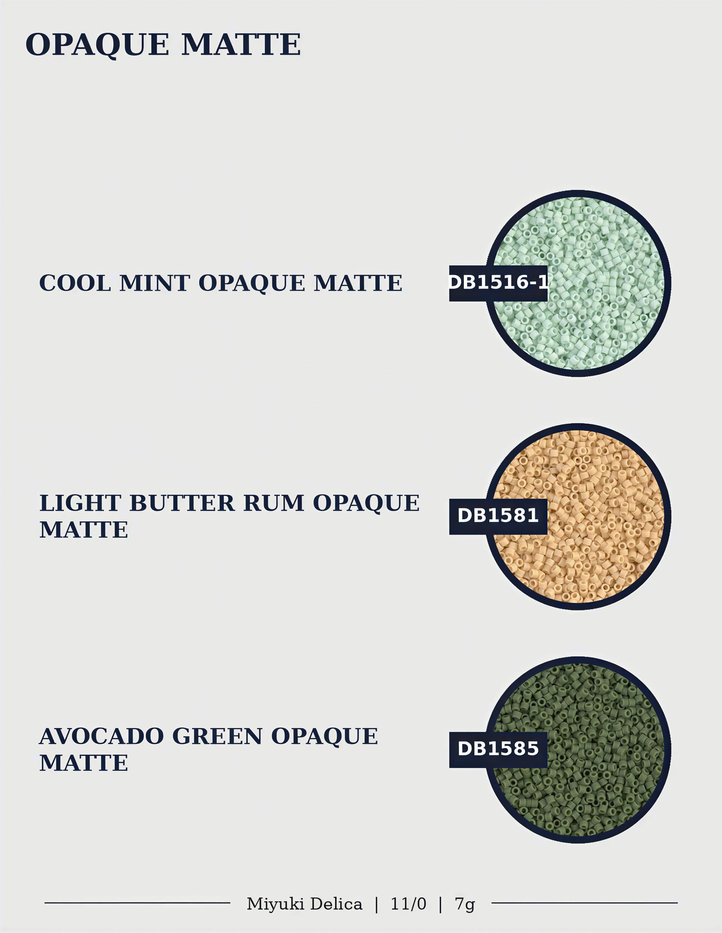 three different colored opaque materials: Cool Mint, Light Butter Rum, and Avocado Green Opaque. Each material is represented by a circle, and the text provides information about the color and type of the opaque material.