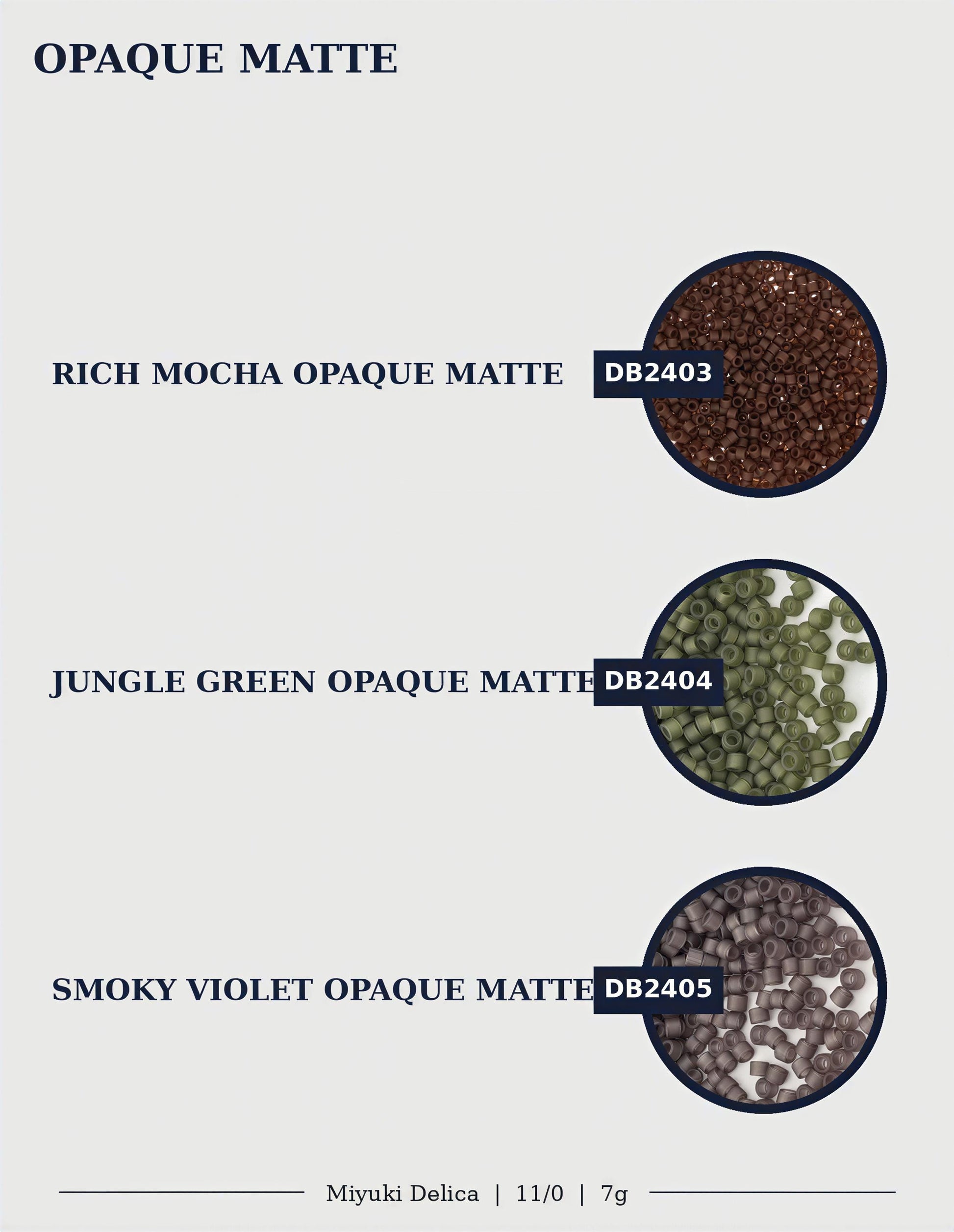 three different types of opaque matte, each with a distinct color and texture. The first type is rich mocha, the second type is jungle green, and the third type is smoky violet.