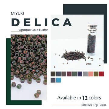 The image is a promotional advertisement for Miyuki Delica, a product that comes in 12 different colors. The ad showcases the product in two ways: a close-up of the product itself and a close-up of the product in a tube. The product is available in size 11/0/7g tubes.