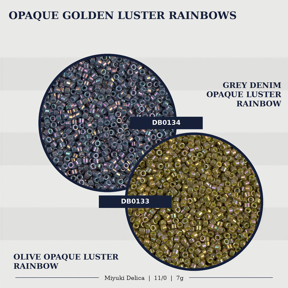 two circular images, each containing a collection of multicolored beads. The text above the images reads "OPAQUE GOLDEN LUSTER RAINBOW" and below the images, it says "GREY DENIM OPaque Luster RAINBOW" and "OLIVE OPaque Luster RAINBOW". The text also includes the names "Miyuki Delica" and the dimensions "11/0 | 7g".