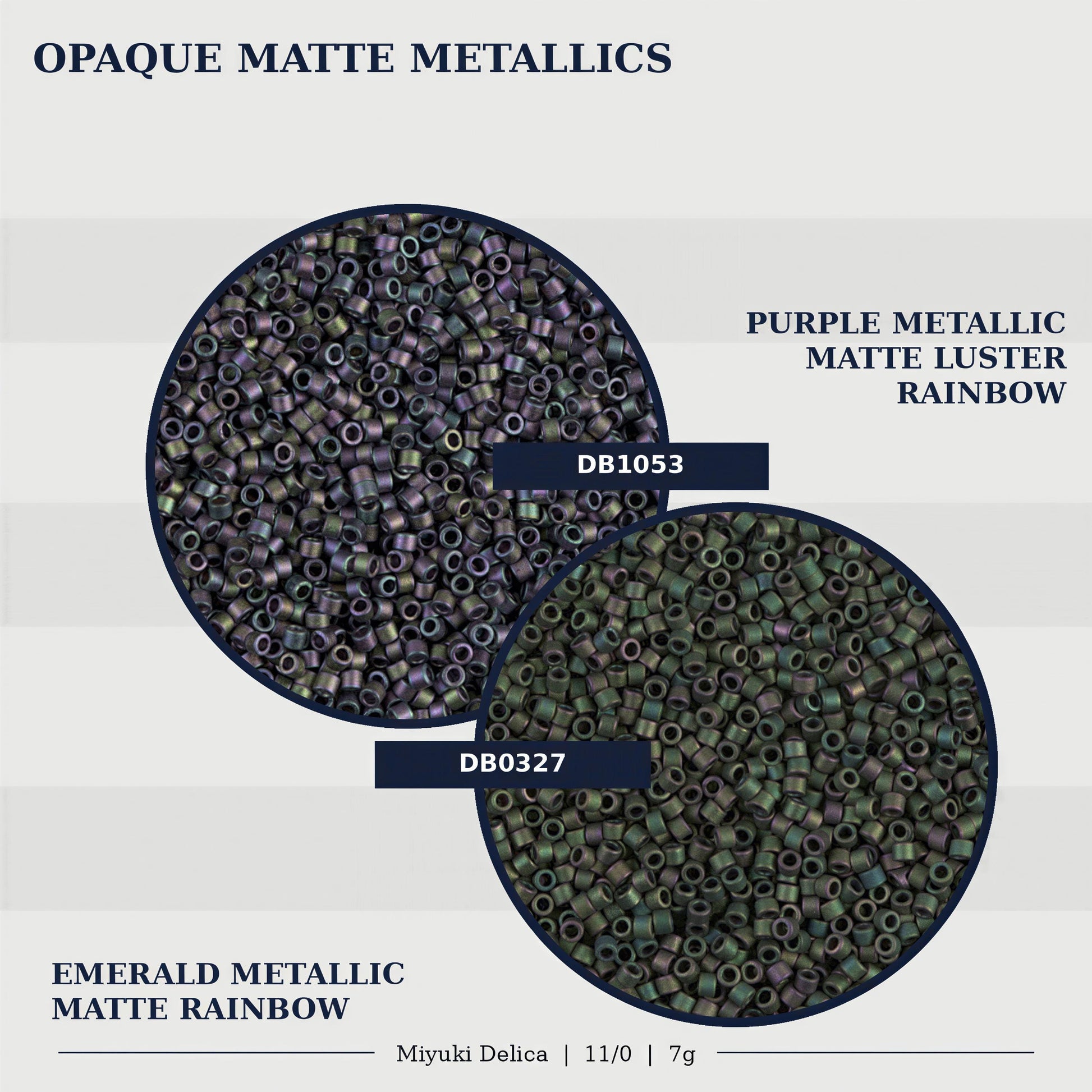 two circular images of a material, one with a purple metallic luster rainbow and the other with an emerald metallic matte rainbow.
