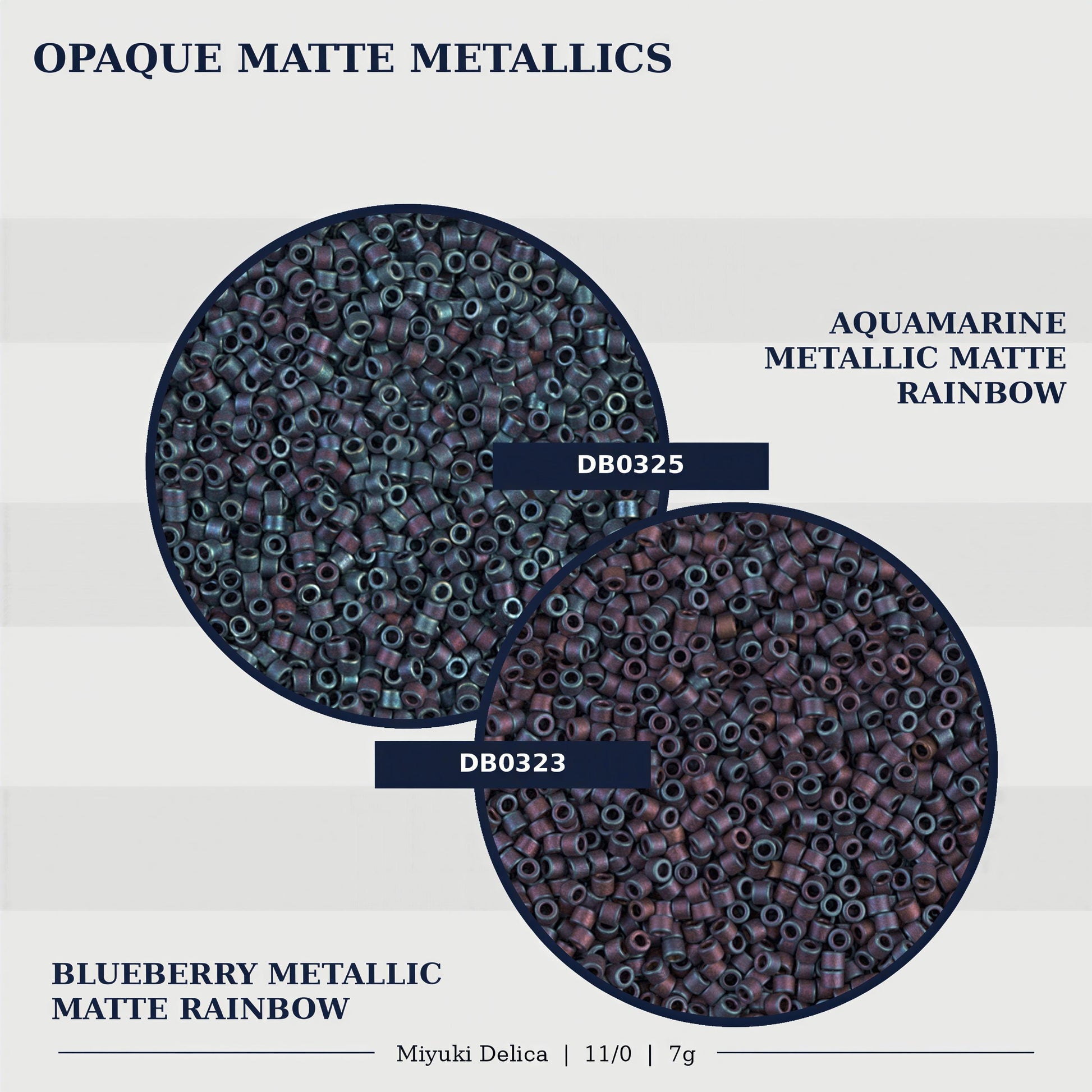 two circular images of a blueberry metallic matte rainbow, with the text "OPAQUE MATTE METALS" and "AQUAMARINE METALLIC MATTE RAINBOW" above the images.