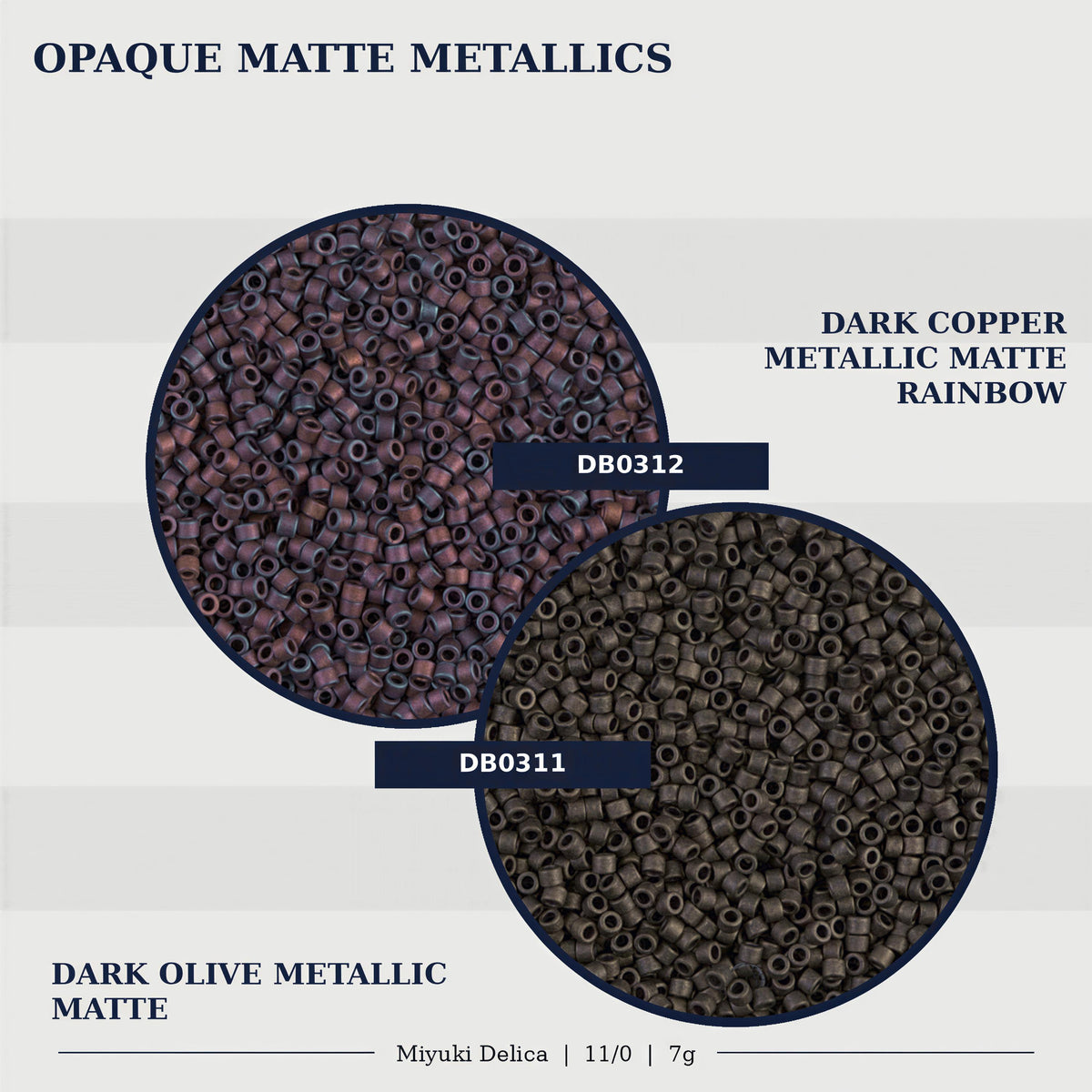 two different types of beads, one with a dark copper color and the other with a dark olive metallic color. The beads are arranged in a circular pattern, with the dark copper beads on the left and the dark olive metallic beads on the right.