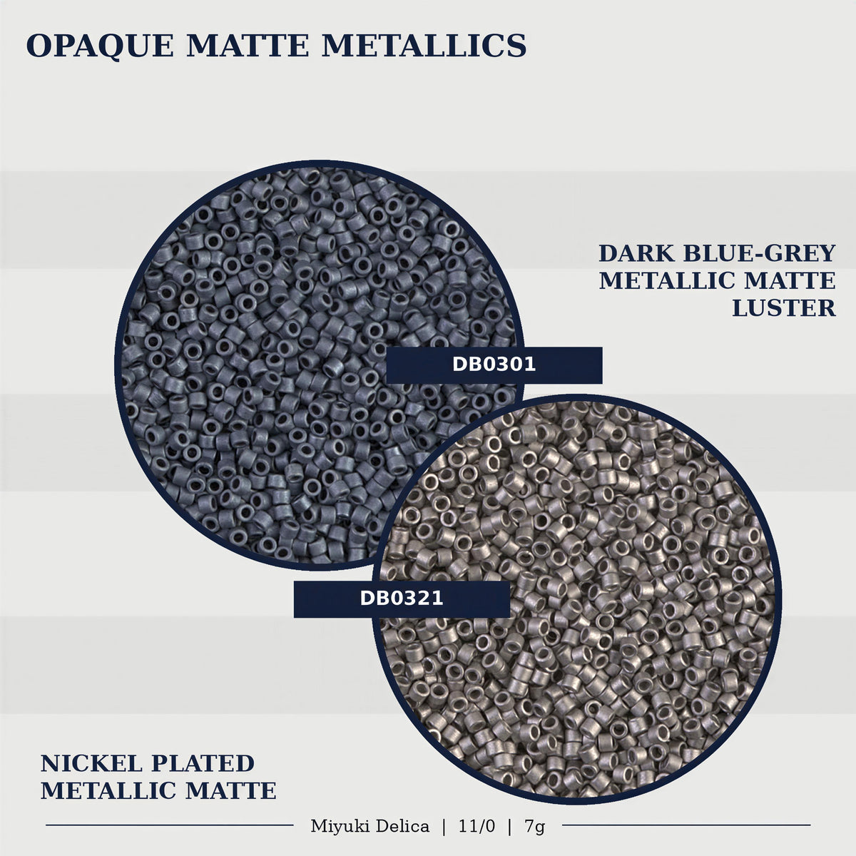 two different types of metallic matte luster beads, one in a dark blue-grey color and the other in a lighter shade. The image also includes text that describes the beads as "NICKEL PLATED METALIC MATTE" and "METALIC MATTE LUSTER".