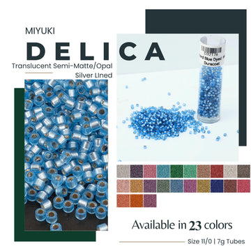 The image is a collage of three images: a close-up of numerous blue beads, a close-up of a blue dye tube, and a close-up of a color palette of various colored beads. The collage includes text that describes the items, such as "Miyuki DELICA Translucent Semi- Matte/Oval Silver Lined" and "Available in 23 colors Size 11/0 1/7g Tubes".