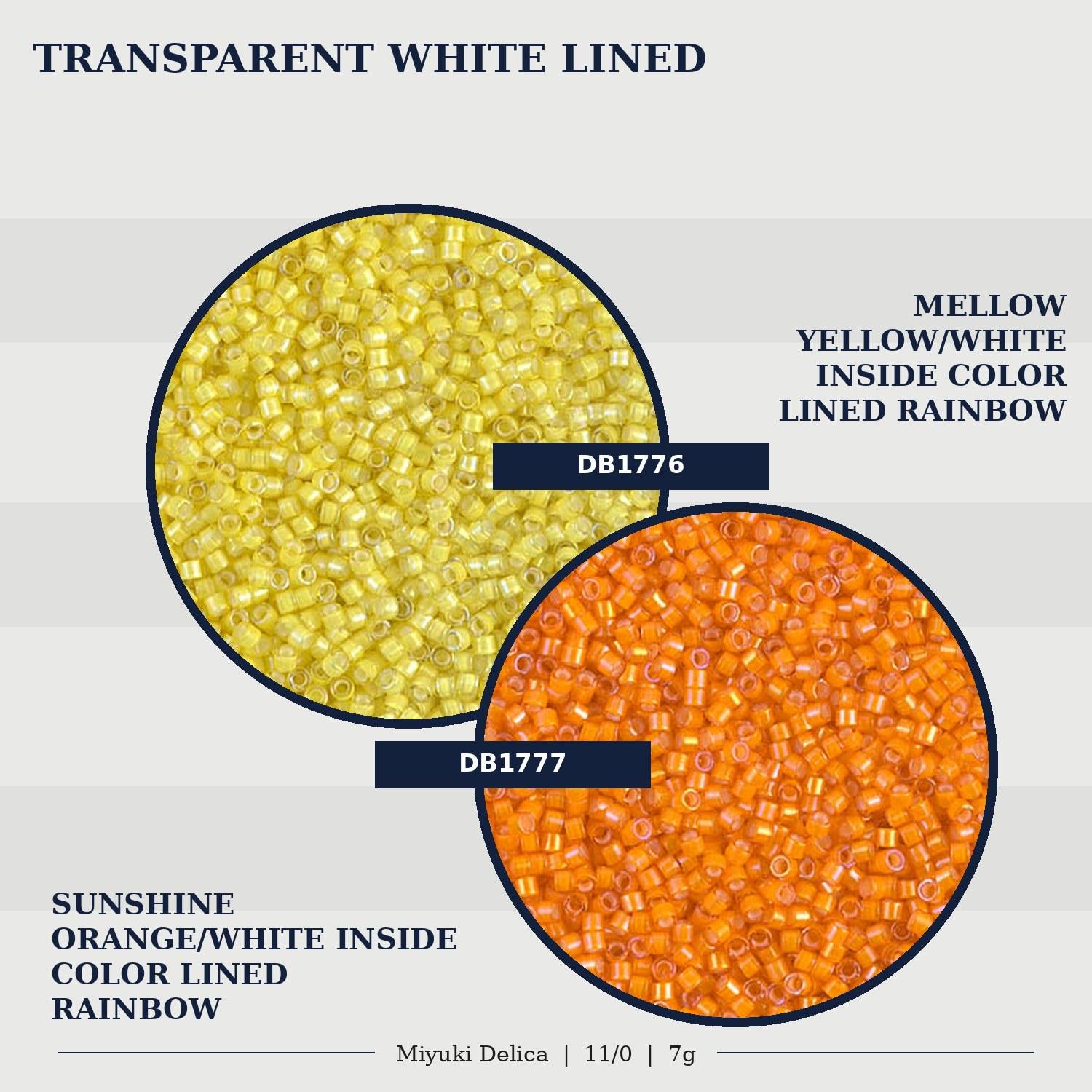 two circular arrangements of beads, one yellow and one orange, with the yellow beads being transparent white and the orange beads being a different color.