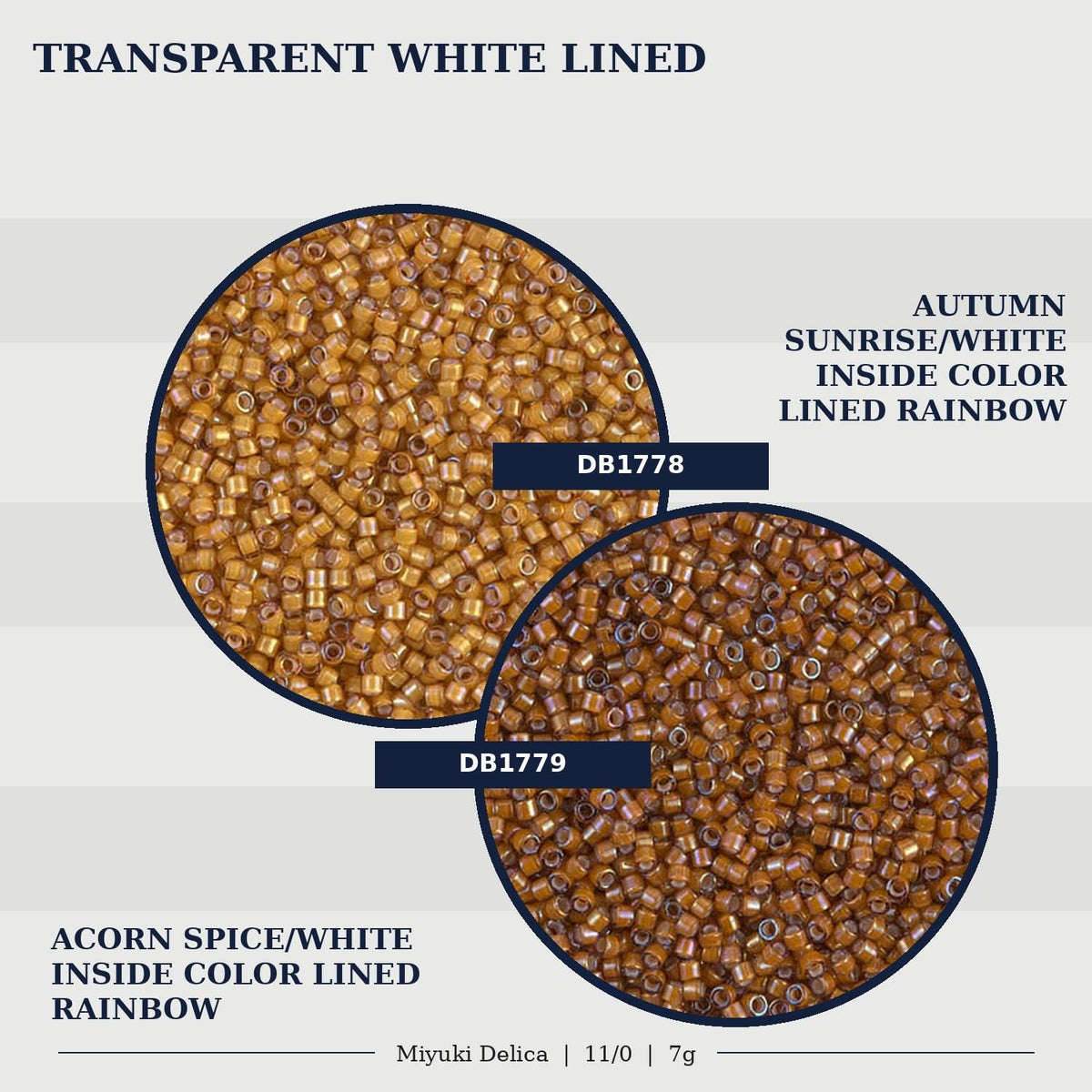 two circular arrangements of brown beads, one labeled as transparent white lined beads and the other as autumn sunrise/white inside color lined rainbow beads.