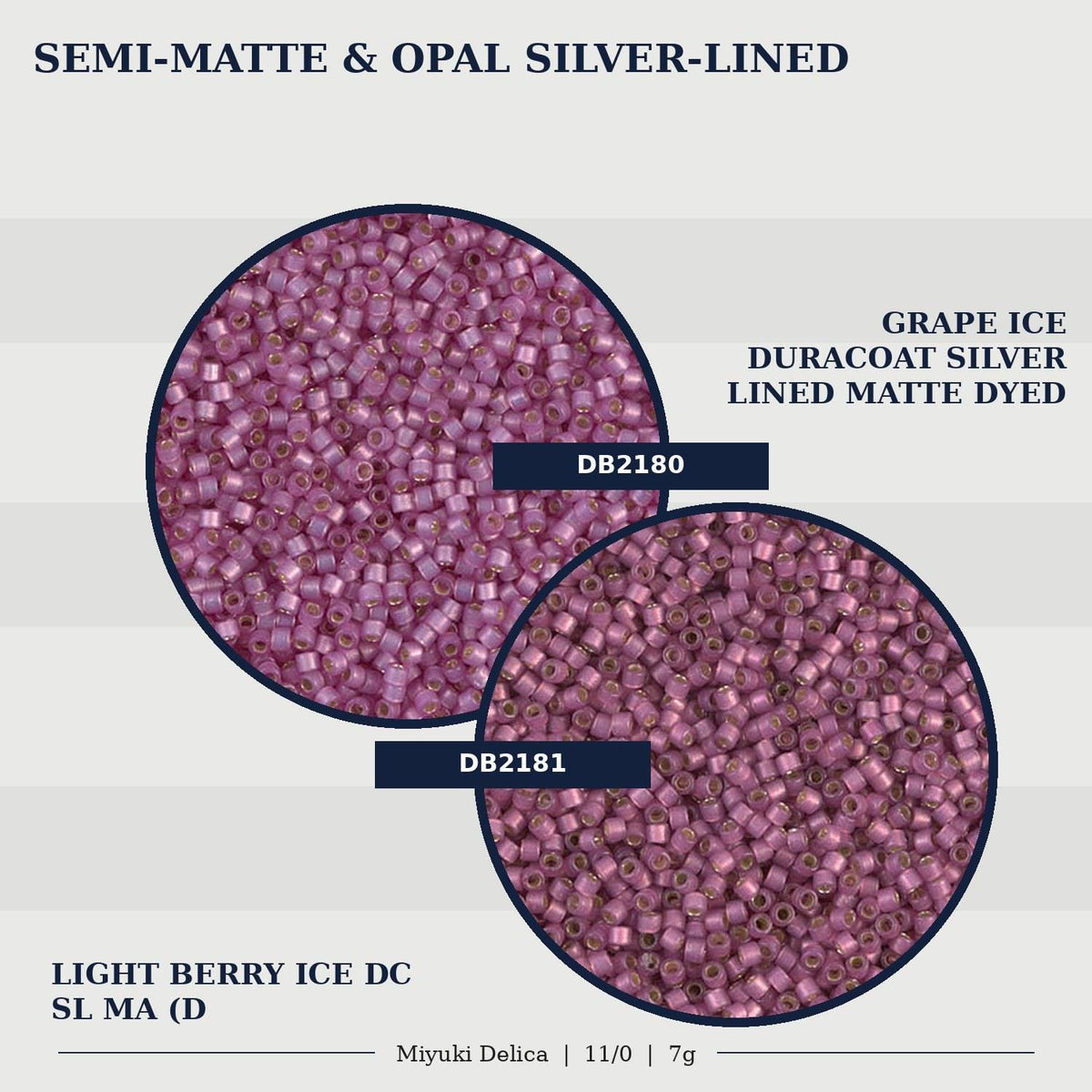 two different types of beads, one being semi-matte and the other being opal silver-lined. The semi-matte beads are in a light purple color, while the opal silver-lined beads are a darker shade of purple. The image also includes text that provides information about the beads, such as their names and sizes.