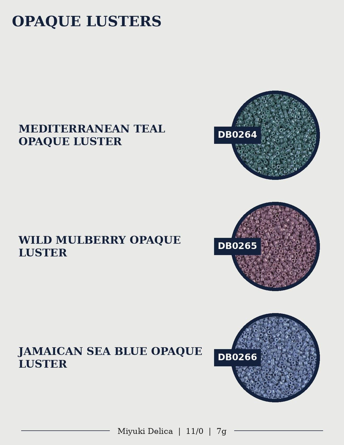 three different colored opaque luster samples, each with a unique color and texture. The first sample is Mediterranean teal opaque luster, the second is wild mulberry opaque luster, and the third is American sea blue opaque luster.