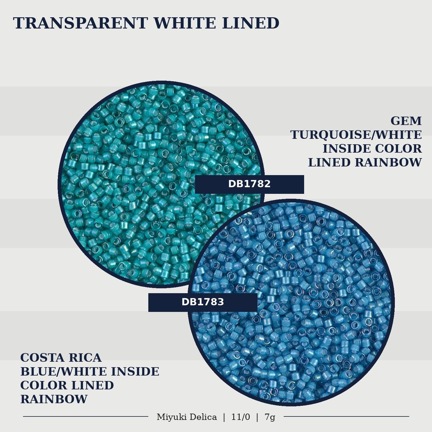 two circular arrangements of transparent white beads, one blue and one white, with the text "Transparent White Lined" above them.