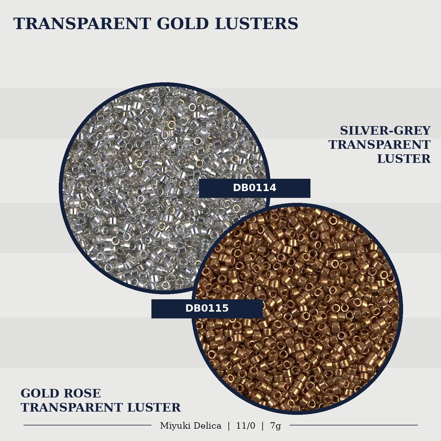 two circular arrangements of transparent gold luster beads, one in gold and the other in silver-grey.