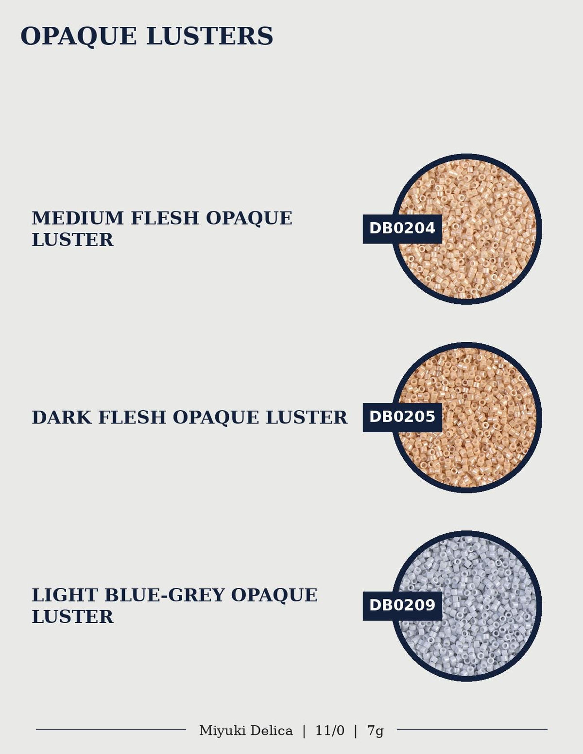 three different shades of opaque luster, each with a distinct color and texture. The first shade is a medium flesh opaque luster with a light brown color. The second shade is a dark flesh opaque luster with a darker brown color. The third shade is a bright blue-grey opaque luster with a grey color. The image is a collage of these three shades, and the text provides information about the colors and textures of each shade.