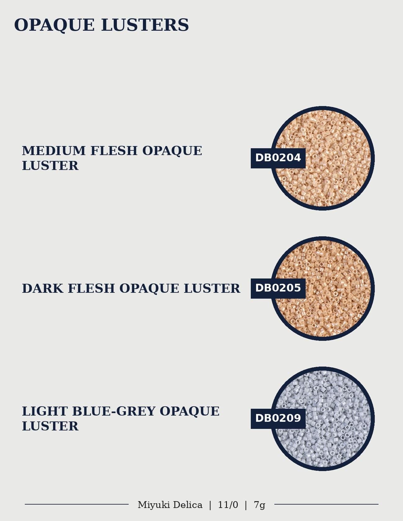 three different shades of opaque luster, each with a distinct color and texture. The first shade is a medium flesh opaque luster with a light brown color. The second shade is a dark flesh opaque luster with a darker brown color. The third shade is a bright blue-grey opaque luster with a grey color. The image is a collage of these three shades, and the text provides information about the colors and textures of each shade.