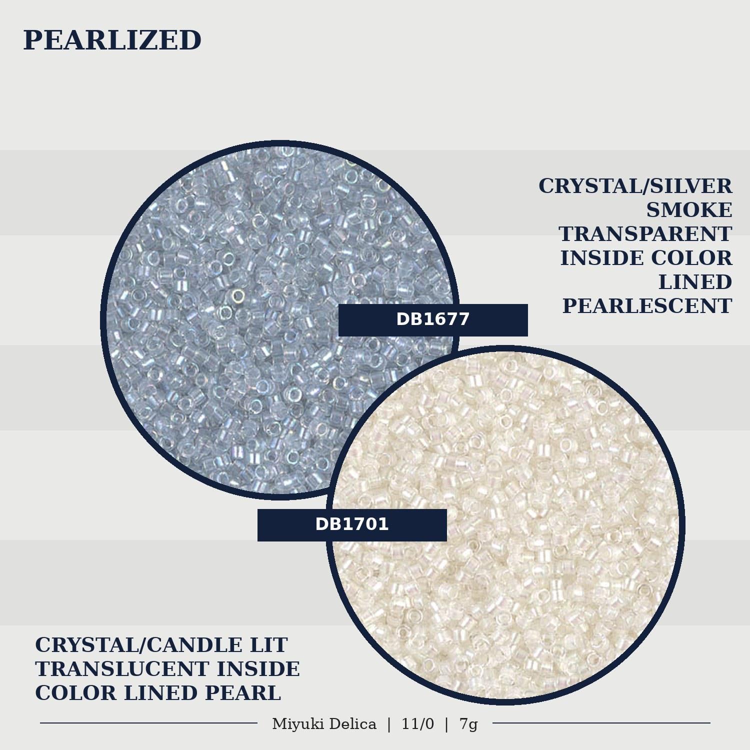 The image is a collage of two images, each depicting a different type of crystal/sugar bead. The first image shows a crystal/sugar bead that is crystal/silver in color, and the second image shows a crystal/sugar bead that is pearl/smoke in color. The images are labeled with the text "PEARLIZED" and "CRYSTAL/SILVER SMOKE TRANSPARENT INSIDE COLOR LINED PEARLESCENT".