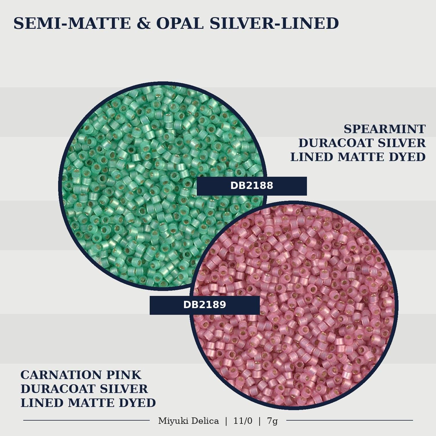 two circular arrangements of beads, one in green and one in pink, with text indicating the bead types and their characteristics.