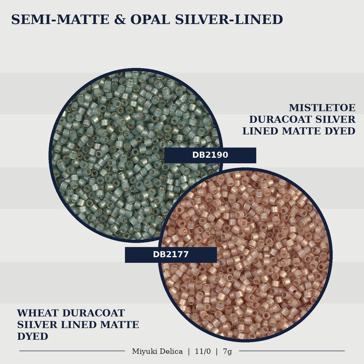 two circular arrangements of beads, one with a semi-matte finish and the other with an opal silver lining. The semi-matte beads are green, while the opal silver beads are brown. The text indicates that these beads are used for creating lined matte dyed jewelry, specifically for the Mistletoe Duracoat Silver Lined Matte.