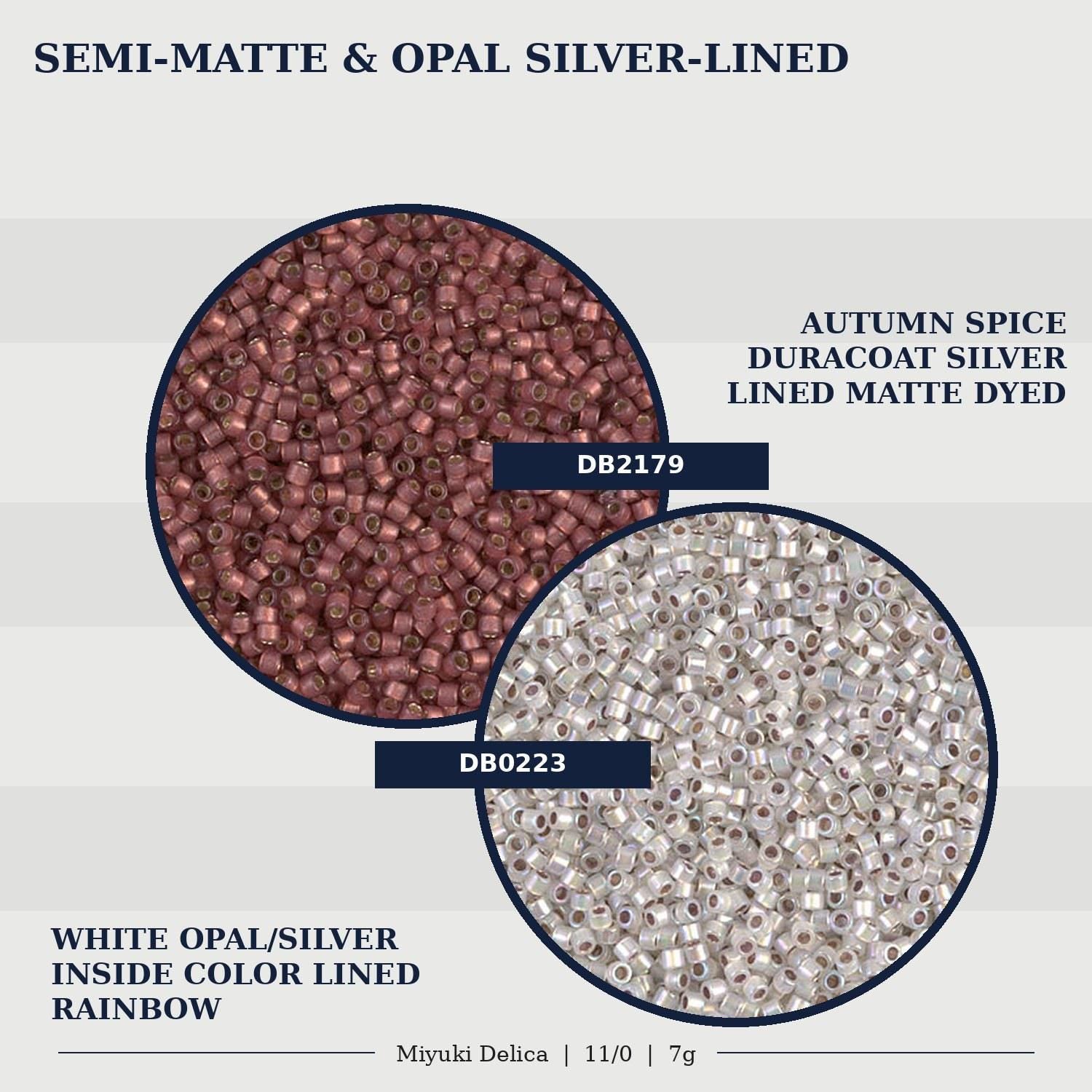 two different types of beads, one in white opal/silver and the other in silver-colored opal/silver. The beads are lined and appear to be semi-matte and opal silver-lined.