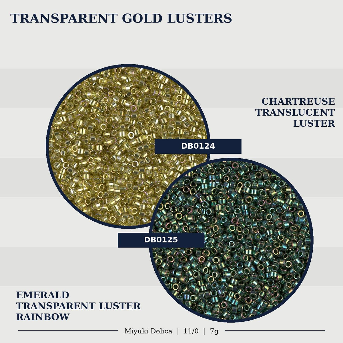 two circular images, each containing a different type of transparent gold luster beads. The image on the left is a close-up of the gold beads, while the image on the right shows the green beads. The text above the images reads "TRANSPARENT GOLD LUSTERS" and below the images, it says "CHARTREUSE TRANSLUCE TRANSLUCE LUSTER". The text below the images reads "EMERALD TRANSLUCE LUSTER RINDS" and "Miyuki Delica | 11/0 | 7g".