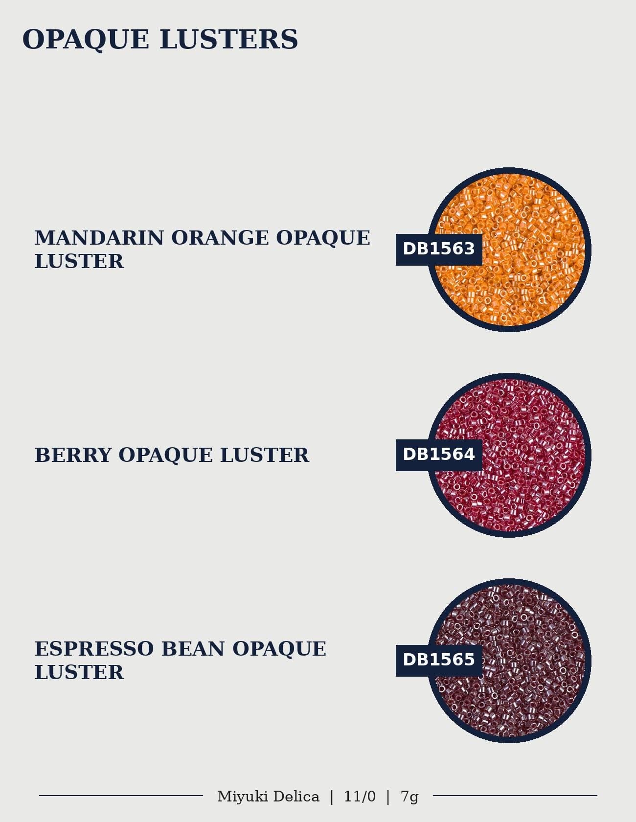 three different color samples of luster, including a sample of Mango Orange Opaque Luster, a sample of Berry Opaque Luster, and a sample of Espresso Bean Opaque Luster.