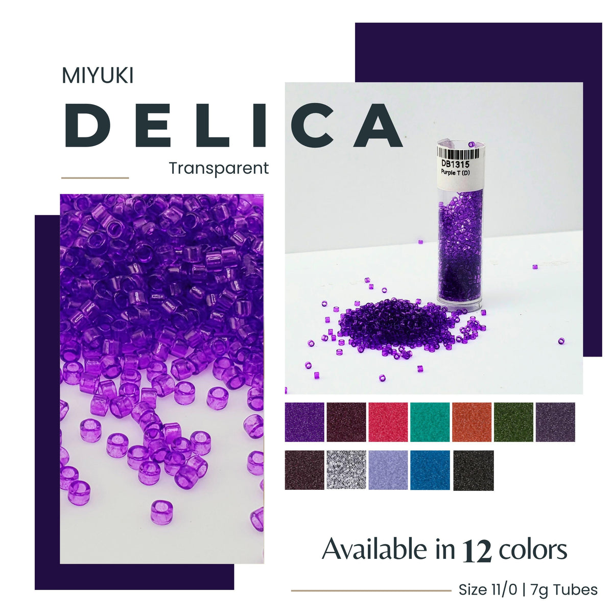 The image is a collage featuring a transparent tube filled with purple beads, along with a close-up of the beads and a color palette of various shades of purple. The collage also includes text indicating that the beads are available in 12 colors and are available in size 11/0/7g tubes.