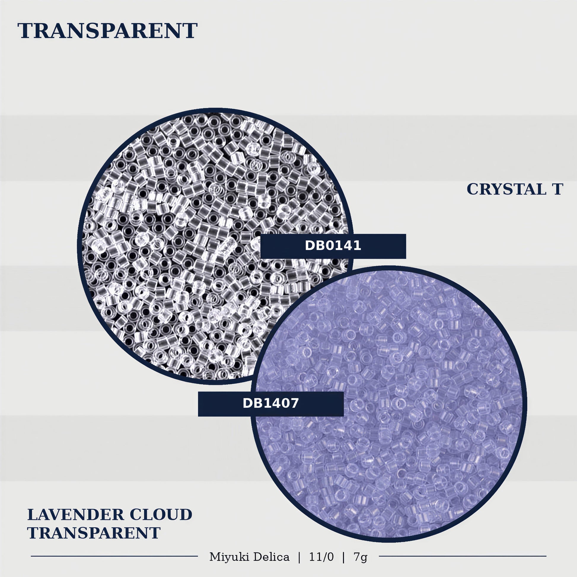 The image is a collage of two images, one showing a transparent crystal and the other showing a lavender cloud-like substance. The text in the image is limited to the words "TRANSPARENT", "CRYSTAL T", "DB0141", "DB1407", "LAVENDER CLOUD TRANSPARENT", and "Miyuki Delica | 11/0 | 7g".