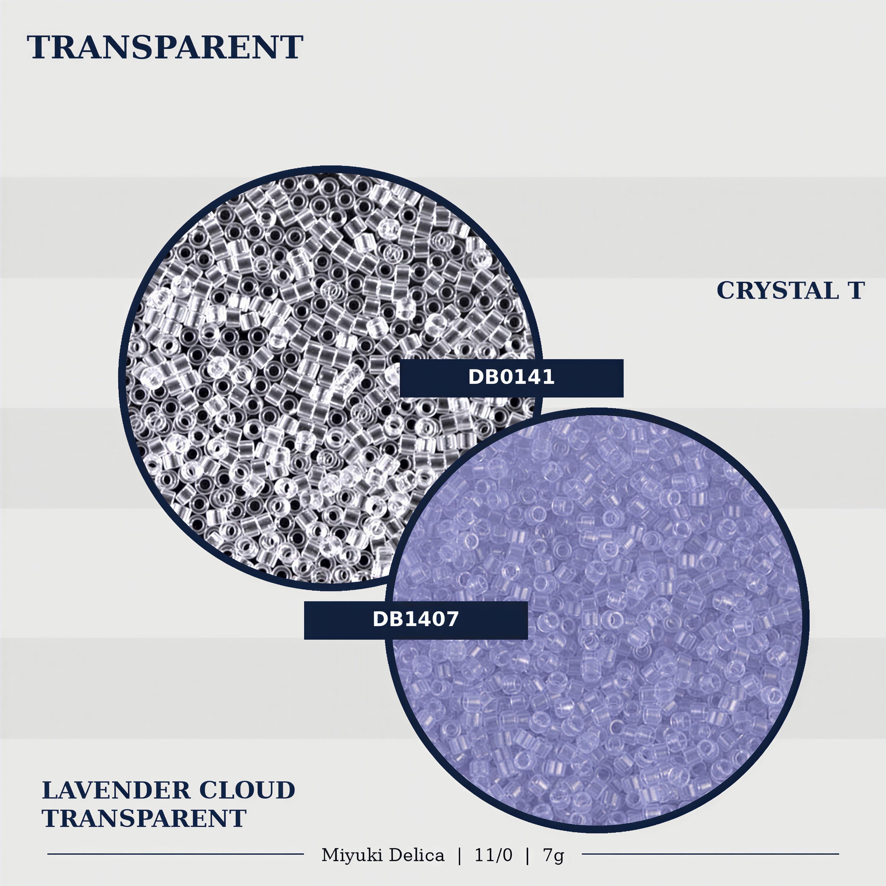 The image is a collage of two images, one showing a transparent crystal and the other showing a lavender cloud-like substance. The text in the image is limited to the words "TRANSPARENT", "CRYSTAL T", "DB0141", "DB1407", "LAVENDER CLOUD TRANSPARENT", and "Miyuki Delica | 11/0 | 7g".