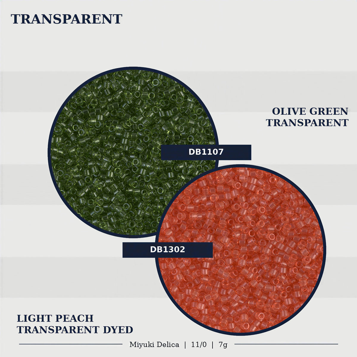 two circles of transparent dyed materials: one with green and the other with red. The text indicates that the green material is olive green transparent and the red material is light peach transparent.