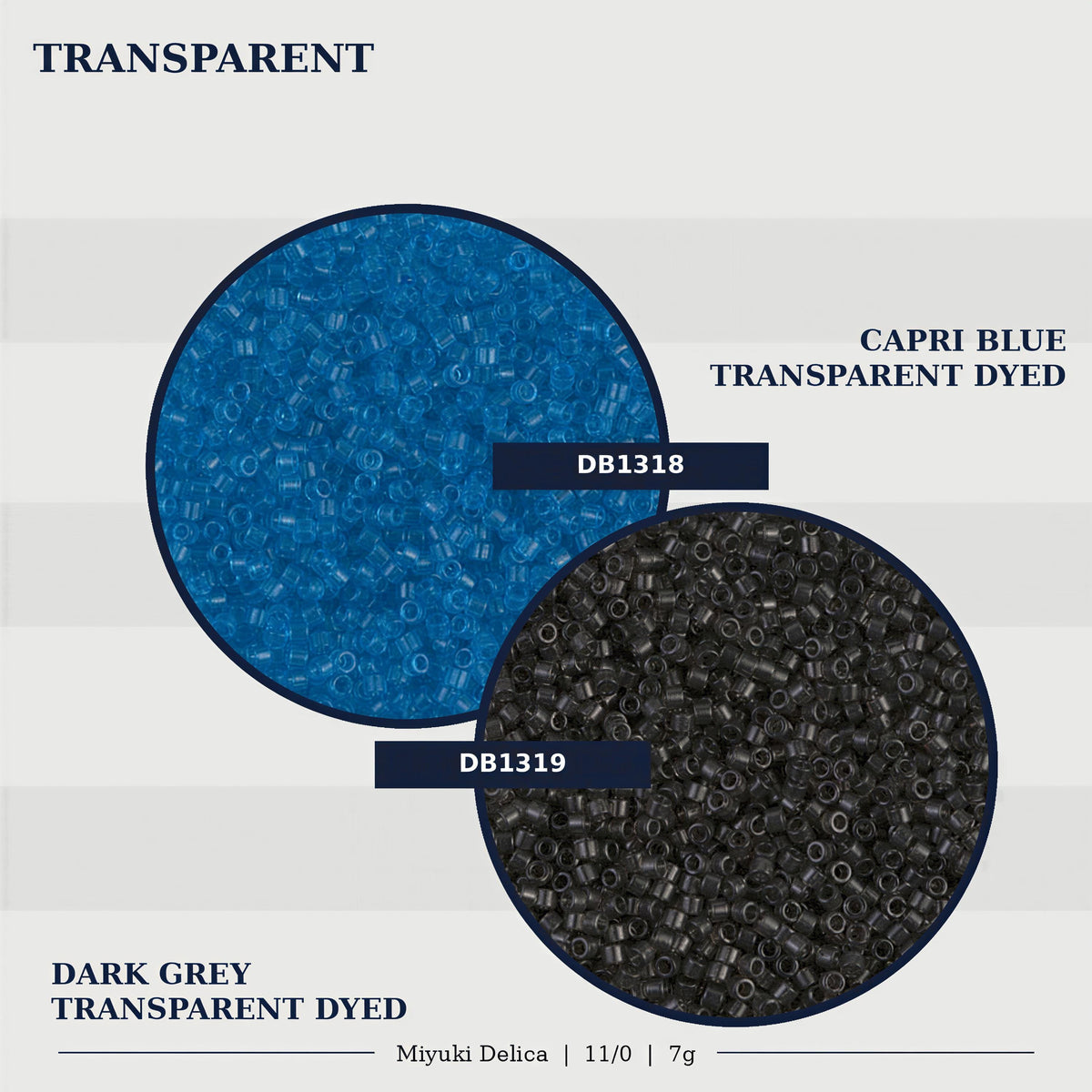 two circles of transparent dyed beads, one with a dark grey color and the other with a capri blue color.