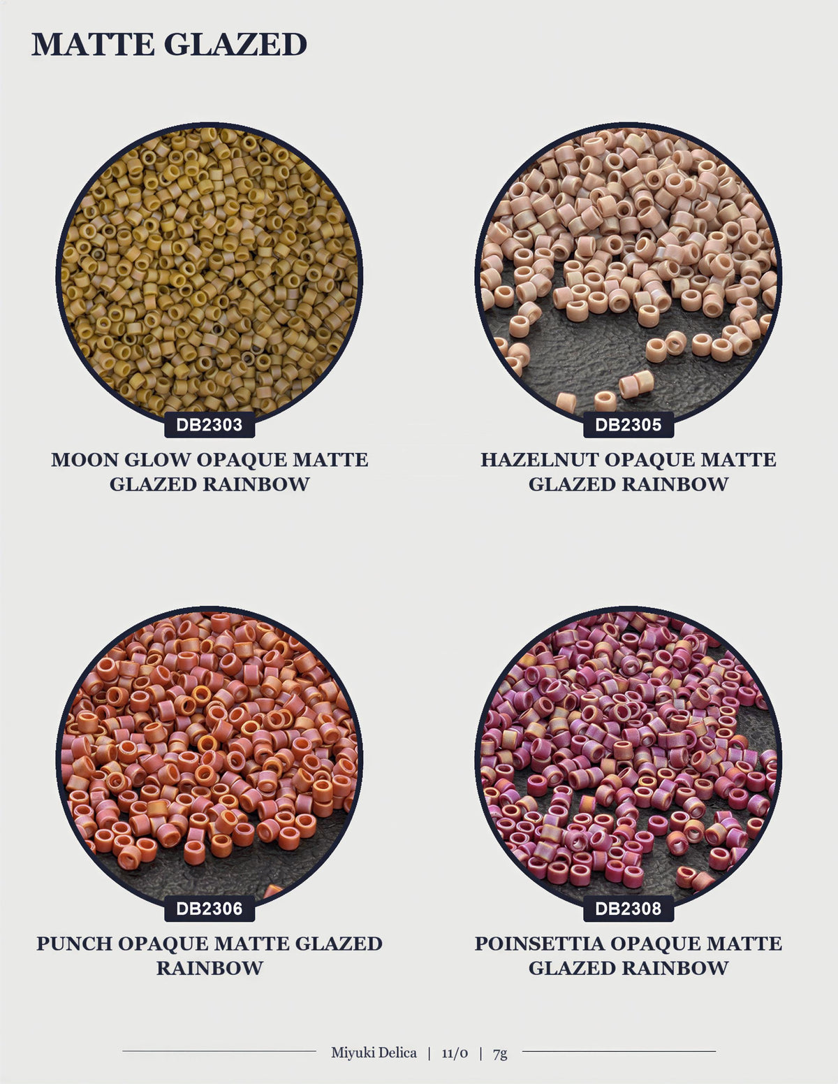 four different circular images, each displaying a variety of colorful beads or objects. The images are arranged in a grid format, with two rows and two columns. The first row shows a circular arrangement of yellow beads, the second row displays a circular arrangement of pink beads, the third row features a circular arrangement of brown beads, and the fourth row presents a circular arrangement of purple beads.