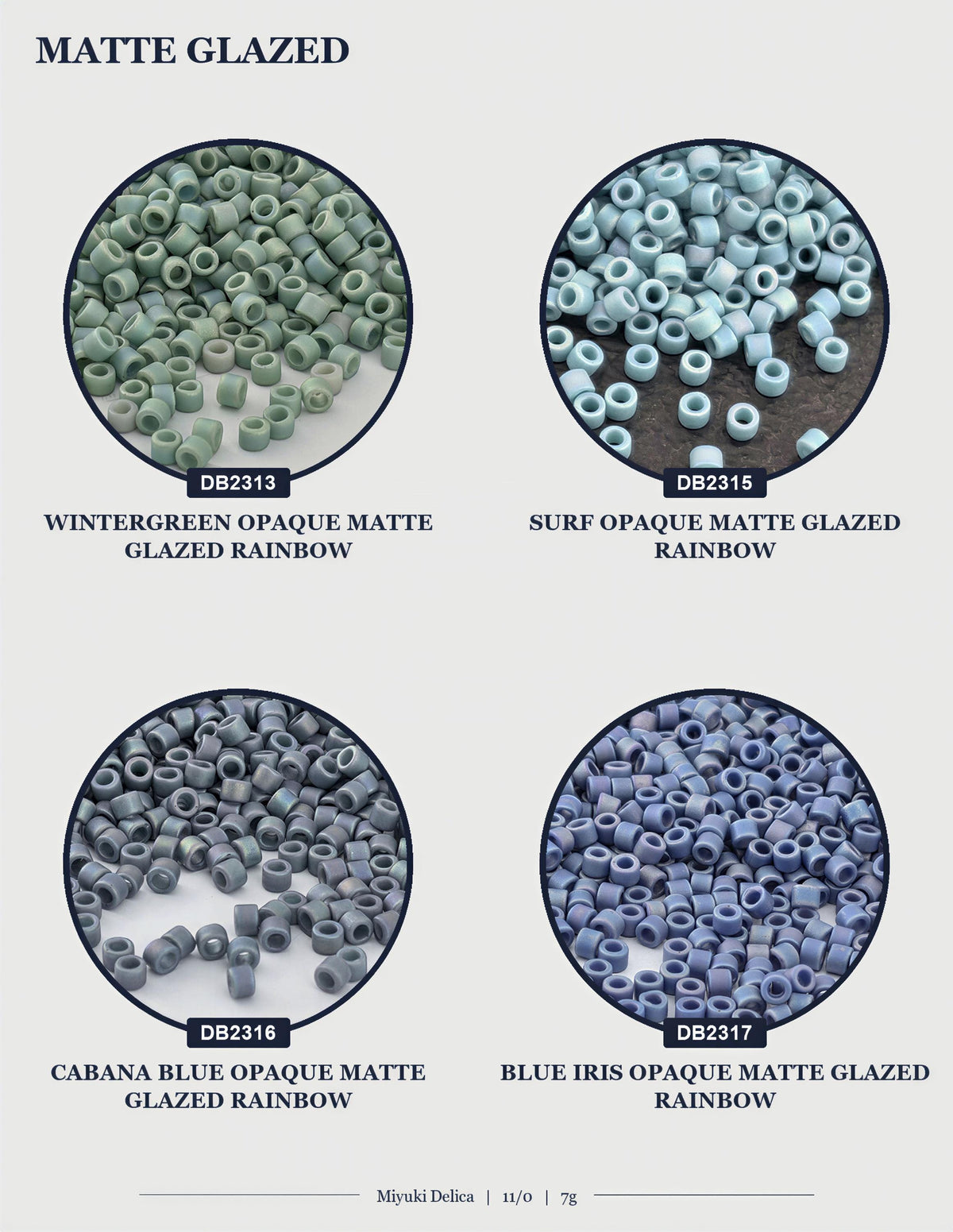 four circular images, each displaying a different type of bead or bead-like object. The objects are described as having various colors and textures, such as "matte glazed", "surf opaque matte glazed", "rainbow", and "cabana blue opaque matte glazed". The images are arranged in a grid format, with each row representing a different bead type and each column representing a different color or texture. The text "MATTE GLAZED" is prominently displayed