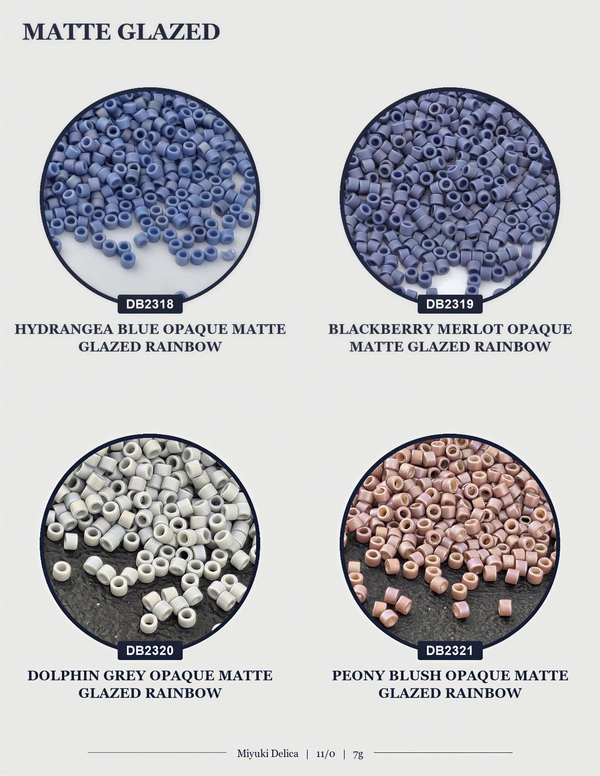 four circular images, each displaying a different type of bead or material. The beads are described as matte glazed, with various colors and textures.